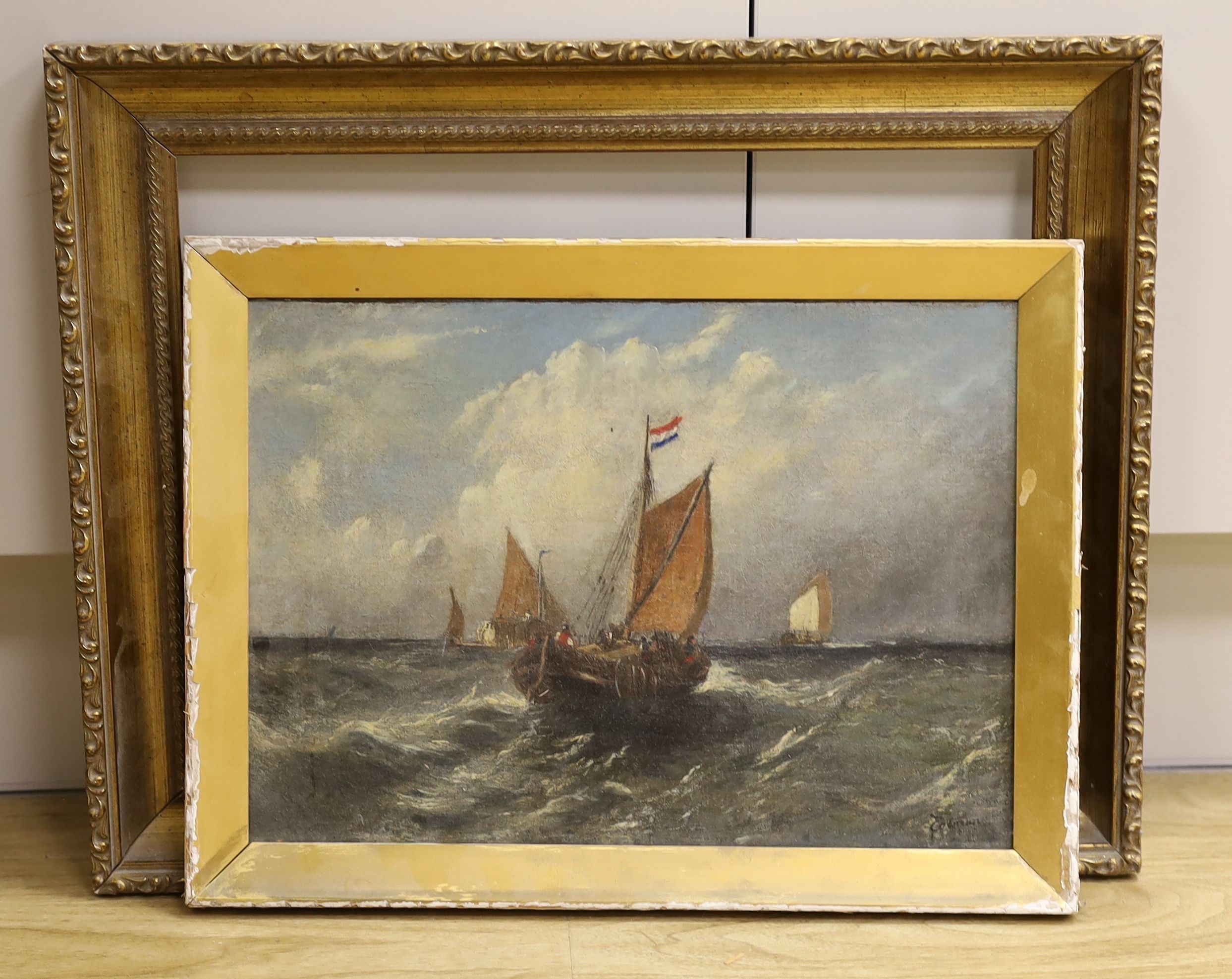 19th century English School, oil on canvas, Dutch fishing boat off the coast, indistinctly signed, 24 x 34cm